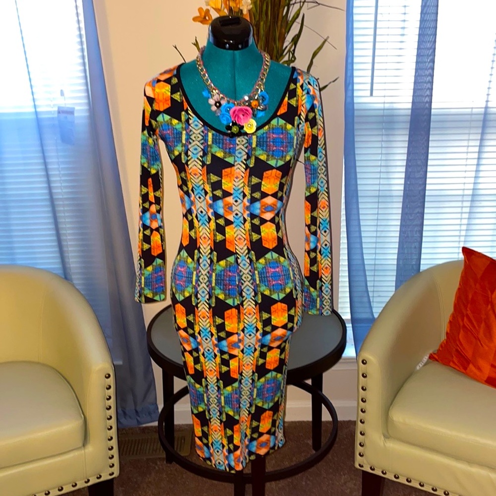 Good Times USA | Multicolored Low Cut Abstract Paint Midi Bodycon Dress